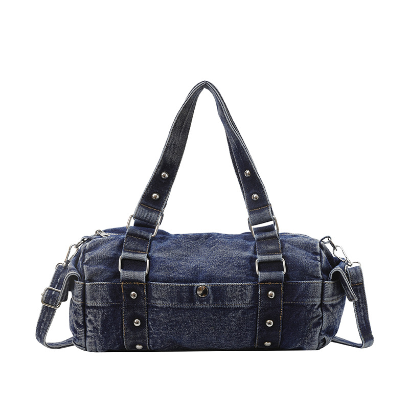 Washed Denim Large Capacity Baguette Bag Textured Versatile Studded Crossbody Bag Fashion Shoulder Handbag For Women - Thumbnail 2