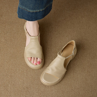 Genuine Leather Thick-Soled Open-Toe Sandals for Women, New Summer Mid-Heel Velcro Soft-Soled Roman Style, Comfortable and Versatile Low-Heeled Sandals