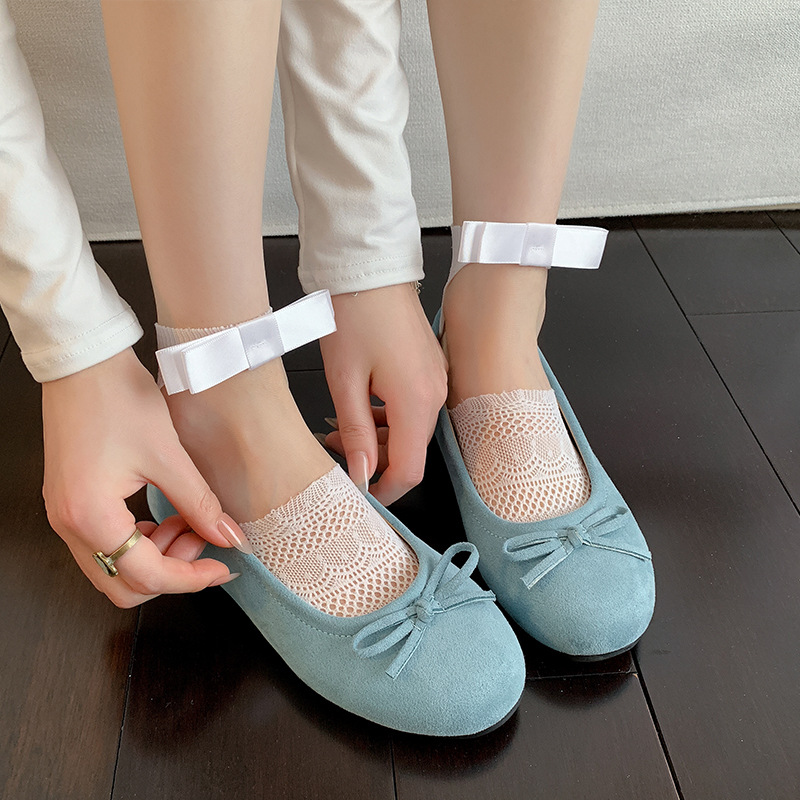 Botas, algodón, primavera y verano, nuevos calcetines invisibles, ballet retro, boca baja, lazo, encaje, olas, calcetines huecos para niñas