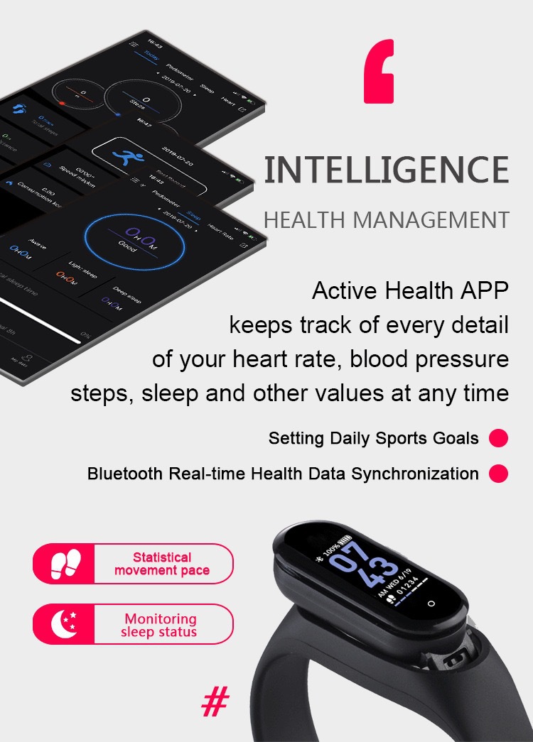 Bluetooth sports heart rate, blood oxygen, blood pressure monitor, step sleep, health monitoring, reminder, customizable, waterproof M4 smart bracelet Item Picture