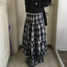 韩国chic秋季新款复古格纹休闲学院风拼接木耳边中长款半身裙女
