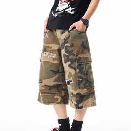 男道美式复古迷彩七分裤夏季男士裤子日系工装裤宽松潮牌休闲裤潮