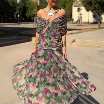 2025 European and American Style Ins Cross-Border Women's Independent Station Popular Chiffon Print New Off-Shoulder Wrap Dress for Women