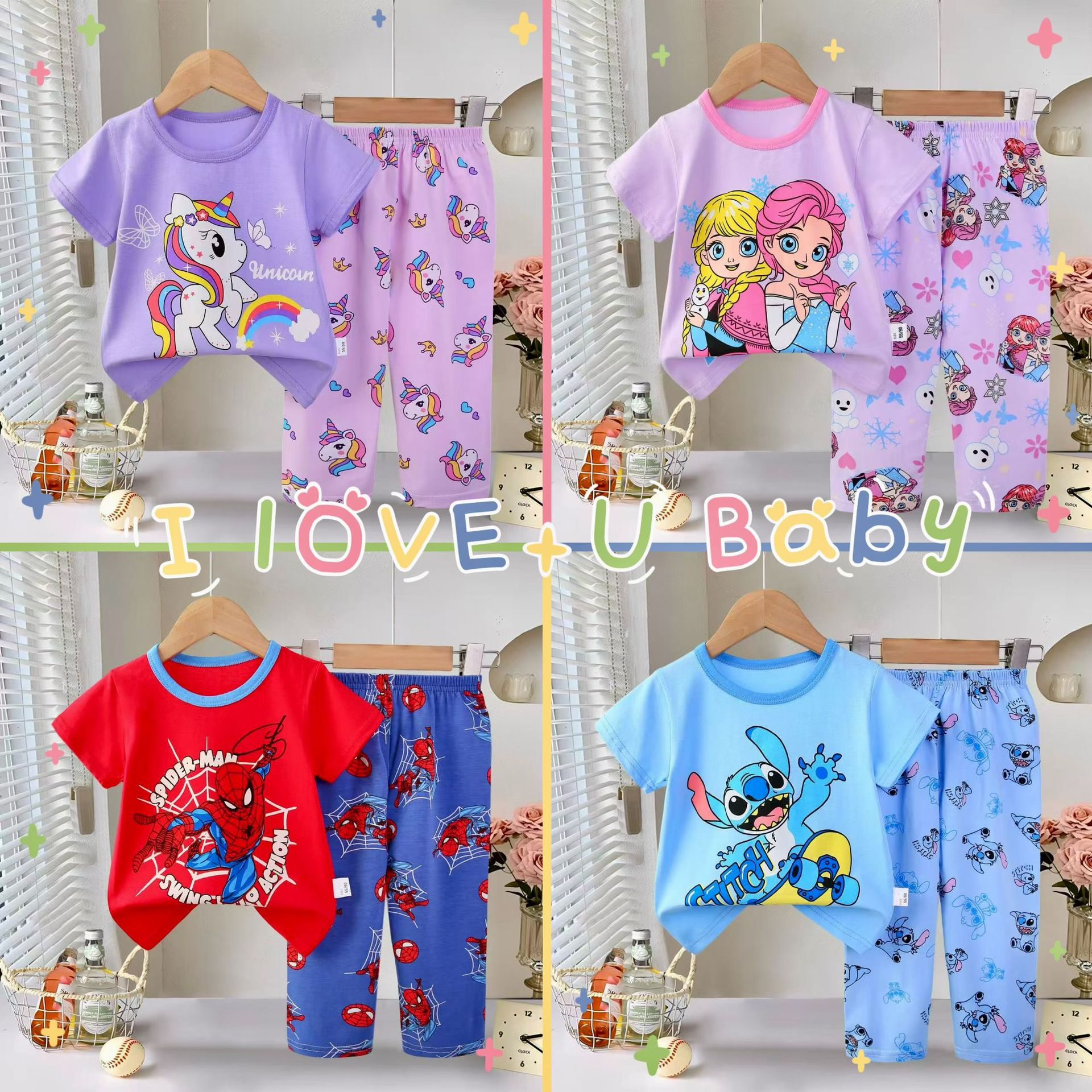 Pajamasforkids2026 Children's Cartoon Pajamas Summer Korean Style Short Sleeve Long Pants Homewear Wholesale Set