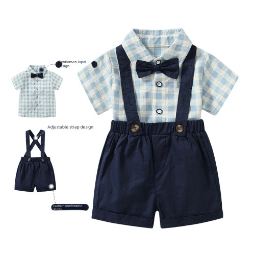 Children's Summer Striped Shirt and Overalls Set, Korean Style Boys' Set, Wholesale Gentleman Gift Clothing
