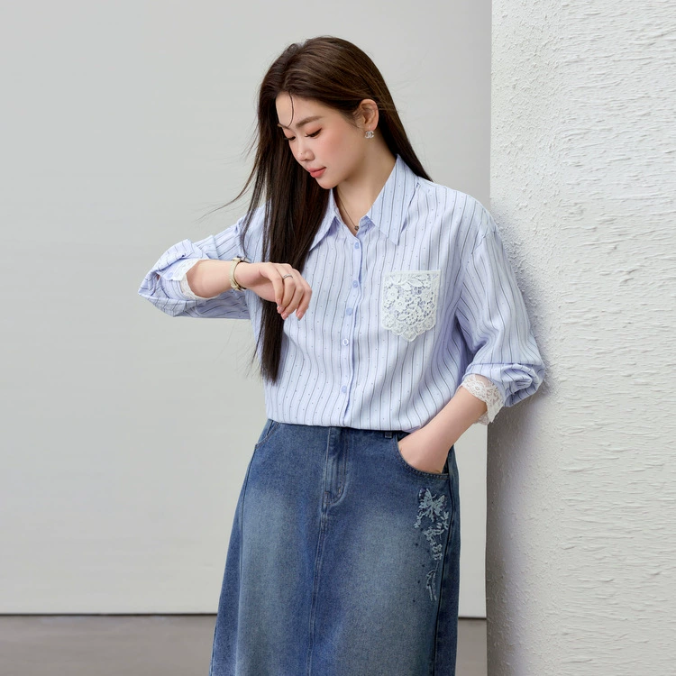 [Слабая дикая пробка в полоску с горячим бриллиантом рубашка] Полосатый большой размер женский толстый mm2025 весенний новый