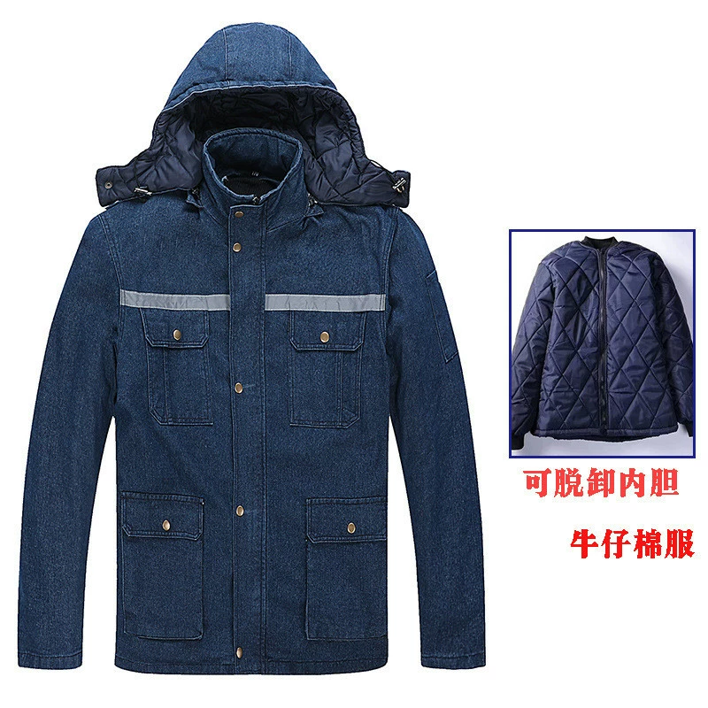 Джинсовая рабочая одежда для защиты труда, мужская куртка на хлопковой подкладке, куртка на хлопковой подкладке, утолщенная для сварщика, морозостойкая, теплый сварочный комбинезон на хлопковой подкладке