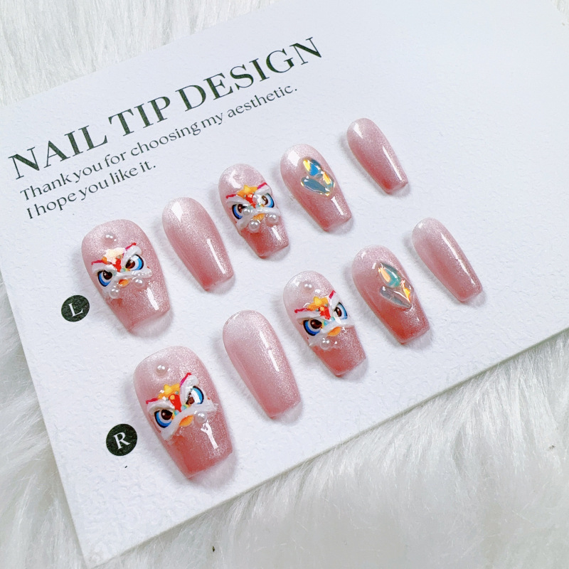 Glazed Pink Cat-Eye Lion Awakening Nail Art 3D Chinese Style Wearable Nail Pieces Detachable Acrylic Rhinestone Wholesale Glazed Pink Cat-Eye Lion Awakening Nail Art 3D Chinese Style Wearable Nail Pieces Detachable Acrylic Rhinestone Wholesale