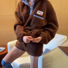 韩国chic冬季韩版慵懒风小众立领加厚百搭羊羔毛字母贴布卫衣外套