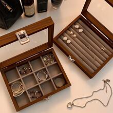 黑胡桃木纹高档精致可携式首饰盒小型手饰戒指项炼耳针耳饰收纳盒