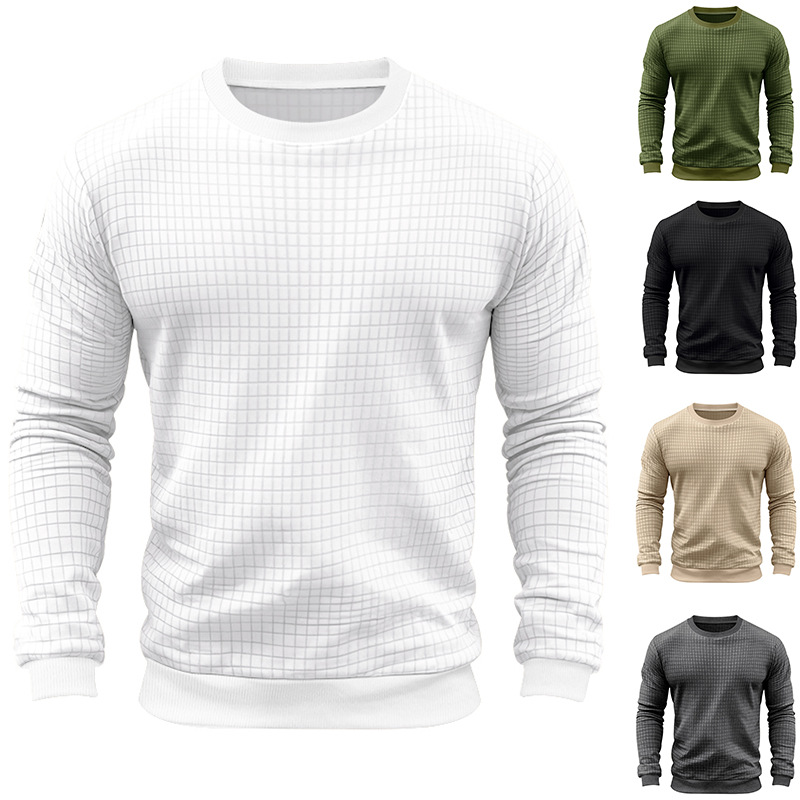 跨境男装春秋款小方格t恤男长袖欧美纯色圆领修身男士内搭打底衫
