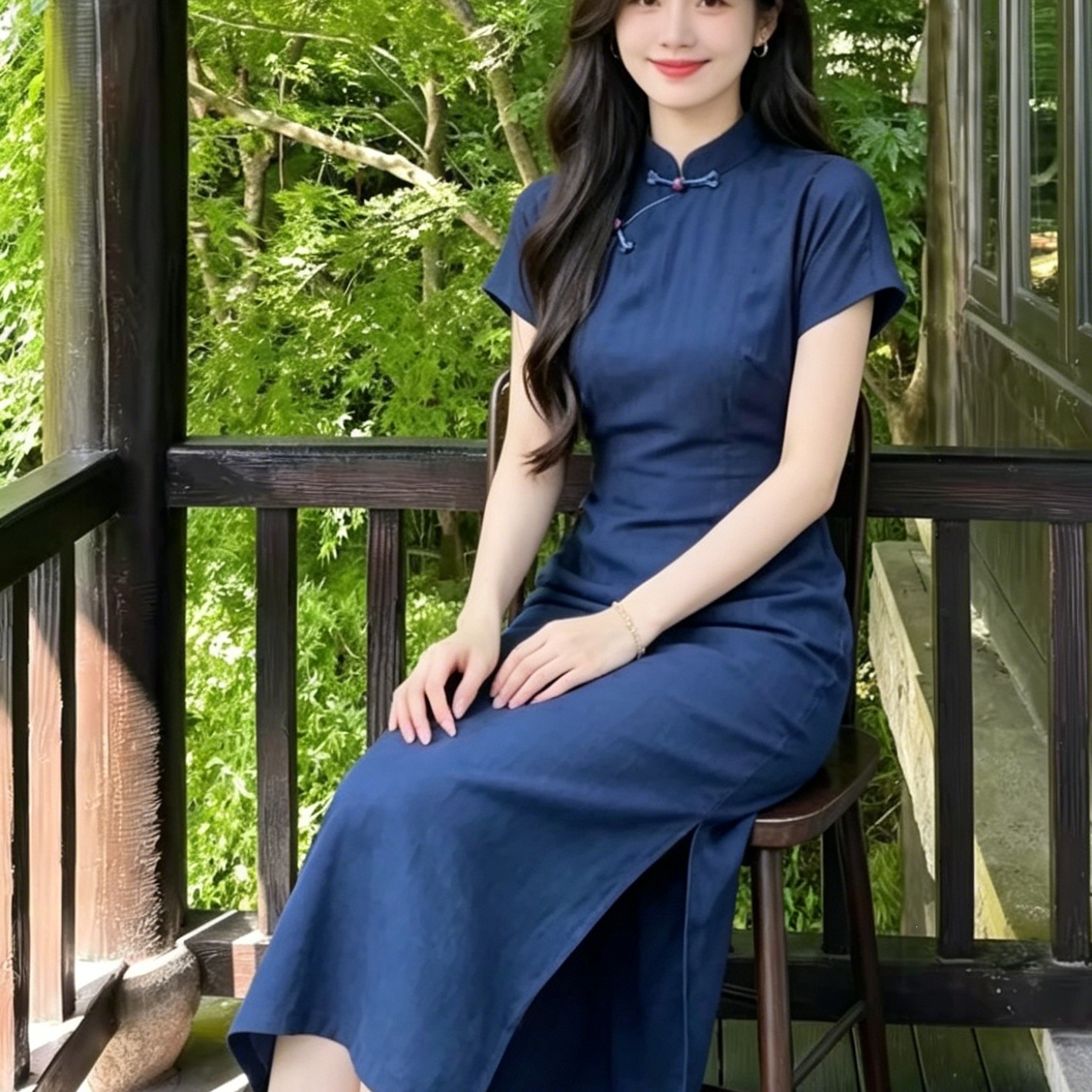 New Chinese-style navy blue cheongsam dress for women, summer, with stand-up collar and button design, slim fit, elegant and versatile dress