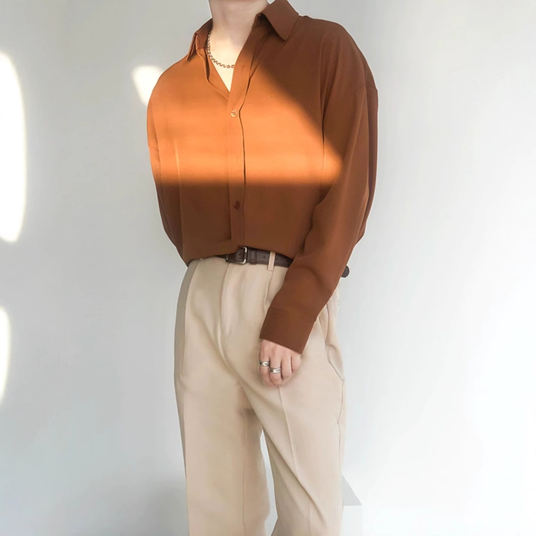 Trendy Fashion Cool Retro Drape Ice Silk Short-Sleeve Shirt for Men 2025 New Korean Style Loose Long-Sleeve Top