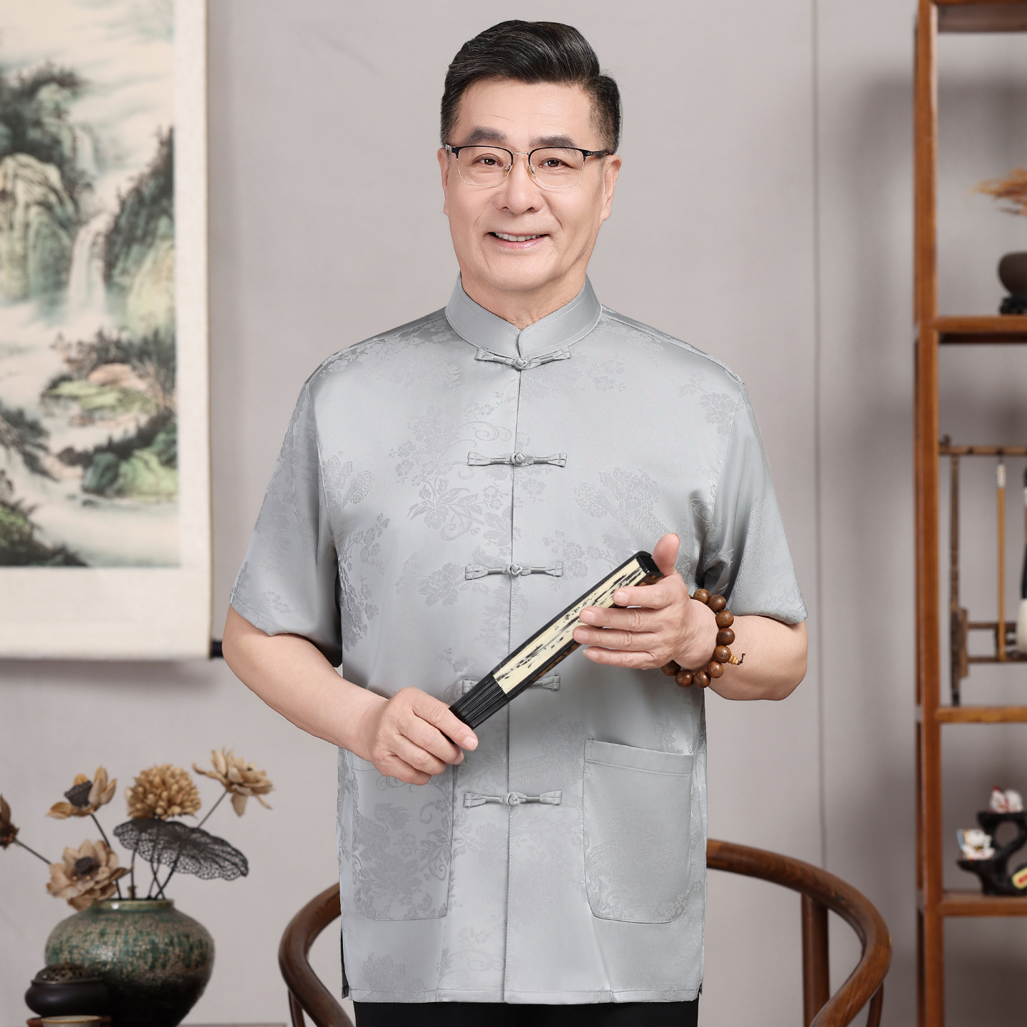 Men's Traditional Chinese Style Tang Suit Suit Summer Short Sleeve Middle-Aged and Elderly Stand Collar Handmade Fold Button Jacquard Pattern Breathable Morning Exercise Home Wear