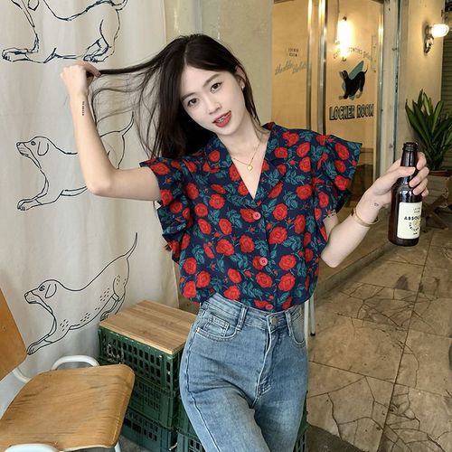 Floral Collared Women's Vintage Hong Kong Style Summer New Design Fly Sleeve Suit Collar Unique Topcoat