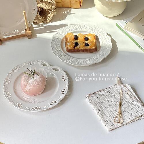 ins style french embossed pure white western plate cake plate dessert plate retro dish plate pasta steak plate