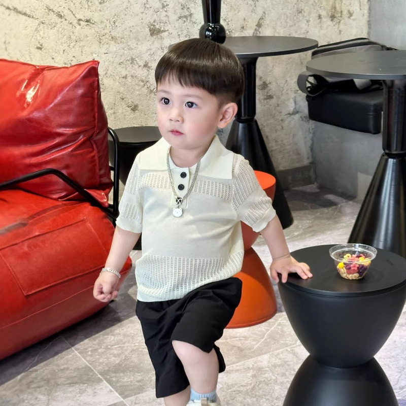 Summer Kidsren's Tops Ice Silk Short-Sleeved Boys and Girls Polo Shirts Kidsren's Knitted T-Shirts Kidsren's Clothing Baby Air-Conditioning Shirts