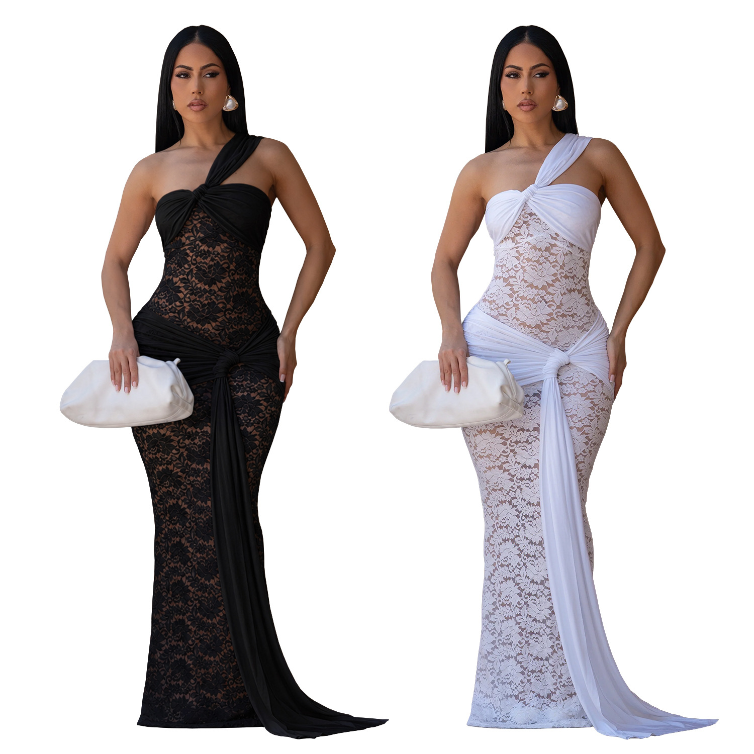 C7692 Aliexpress transfronterizo Amazon Europa y América ropa de moda femenina de encaje sexy vestido de hombro inclinado image 6