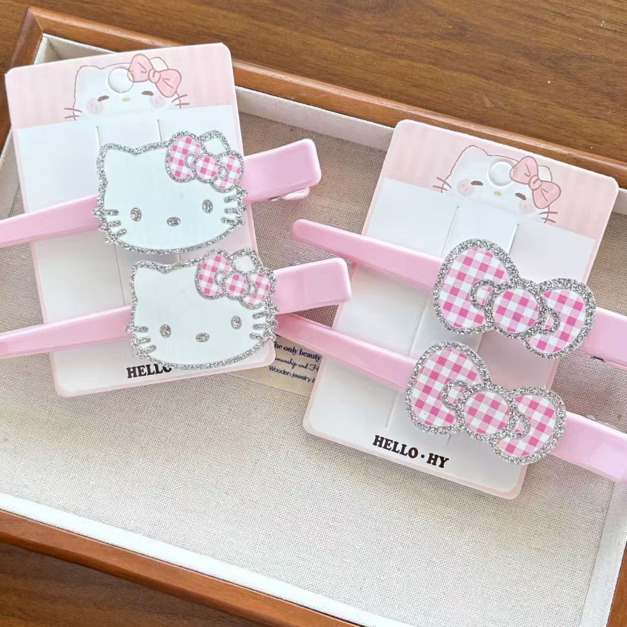 卡通可爱粉色kt猫咪蝴蝶结发夹一字长夹甜美少女心侧边夹发卡发饰