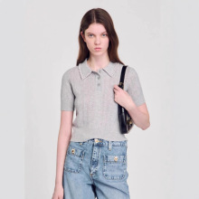 2025早春新款法式灰色简约POLO翻领手工珍珠针织春季短袖法式风
