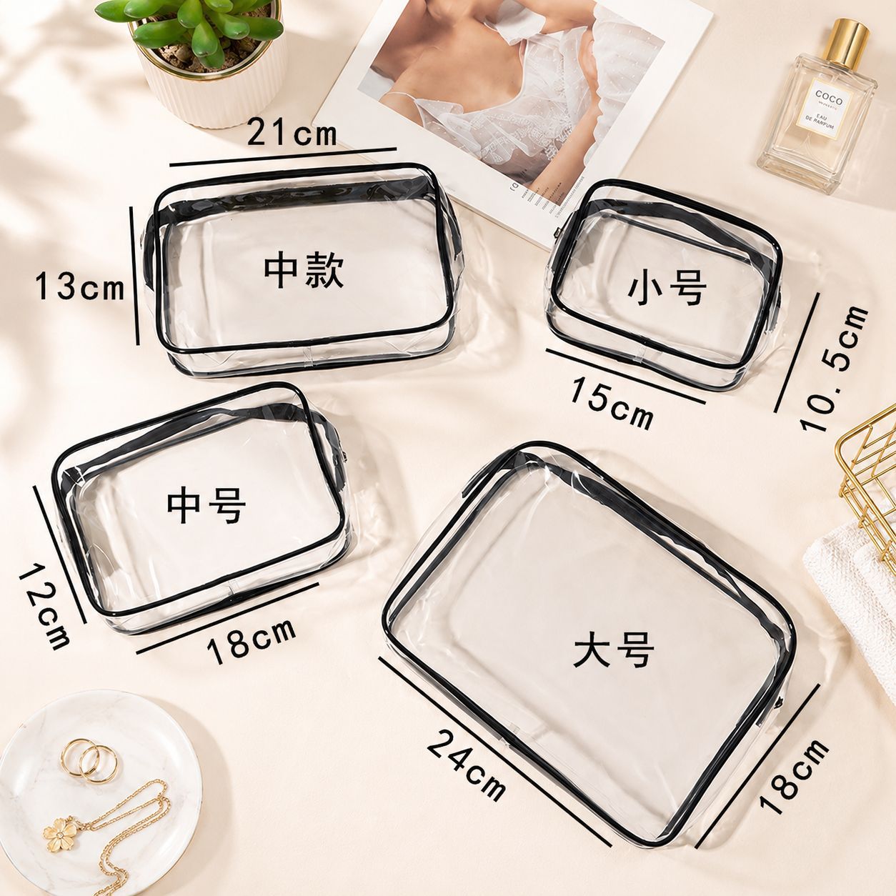 Bolsa de Aseo Transparente de PVC Impermeable con Cremallera para Viajes y Artículos de Tocador