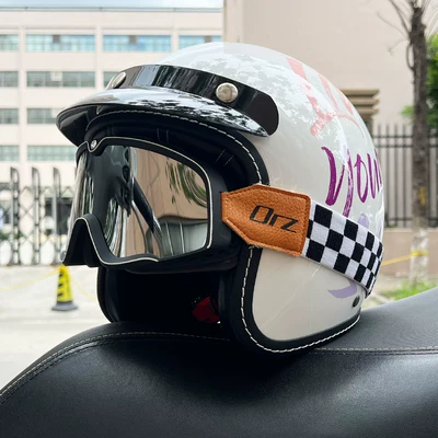 and Women, 3C Certified 3/4 Helmet, Retro, Motosiklet kaskı (dəbilqə) - porcelain-white-selfie-retro-black-silver-goggles-m