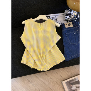 Color-Block Plaid Vest Summer New Niche Round Neck Versatile Fashionable Chic Short Lace Vest Top