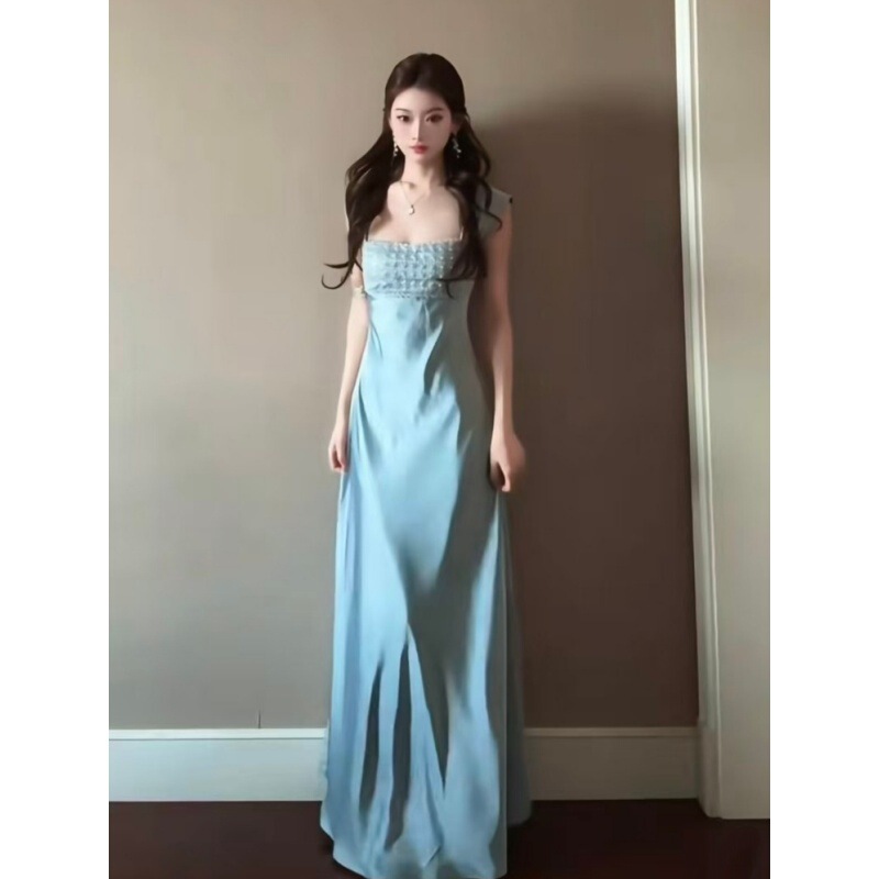 French-Style Gentle and Elegant Socialite Vibe, Heavy-Duty Rhinestone-Embellished Satin Dress, New Niche Luxury Design, Slimming Waist-Cinching Long Dress
