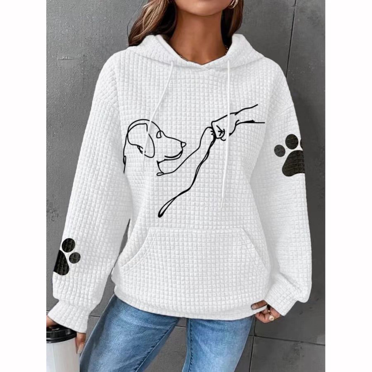 Amazon cross-border waffle printed long sleeve loose sweater