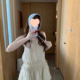 露思同款韩版立体抽皱边吊带裙温柔垂感微A连衣裙抹胸裙雪纺