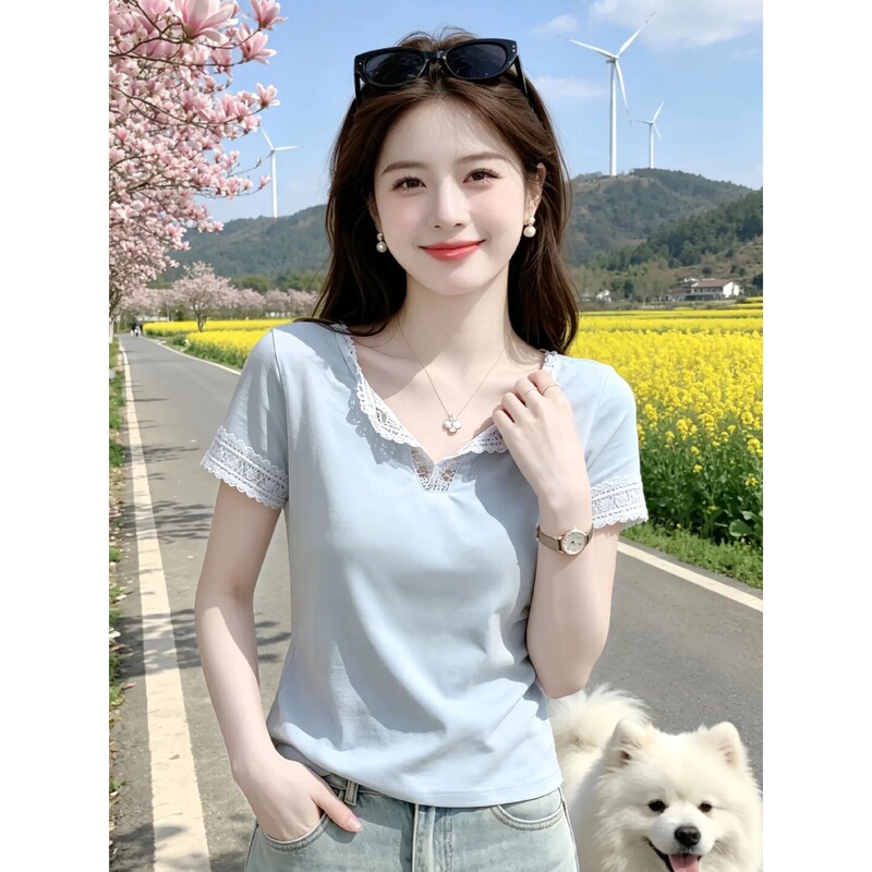 One-Piece Drop-Shipping Hot-Selling Plus-Size Lace V-Neck T-Shirt for Women, 2026 Summer New Style, Gentle and Elegant, Slimming Top