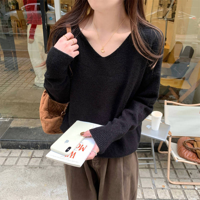 简约v领针织衫女秋季新款ins基础款宽松内搭上衣休闲百搭打底毛衣|undefined