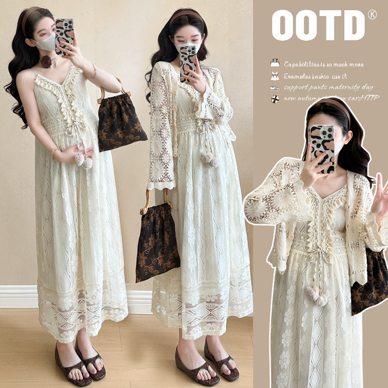 Ethnic Style Cardigan with Long Skirt with Sling Two-piece Suit Spring and Summer New Bohemian Maternity Dress French dress