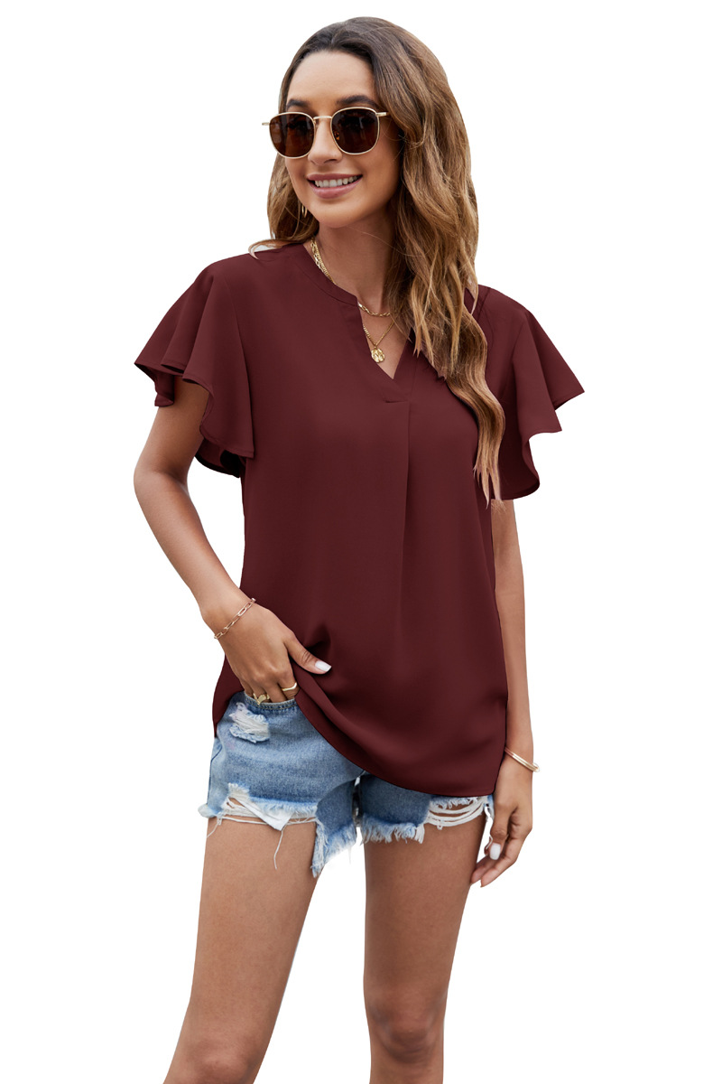 Dames chiffon shirt met V-hals, vliegende mouwen en korte mouwen, effen kleur tops_voghion.com