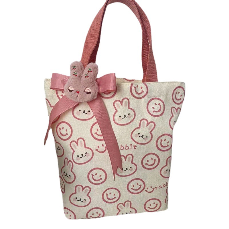 Bolso de mano de conejo, bolso de mano, bolso de lona, bolso bento, libro rojo pequeño, bolso de almuerzo para trabajadores de oficina