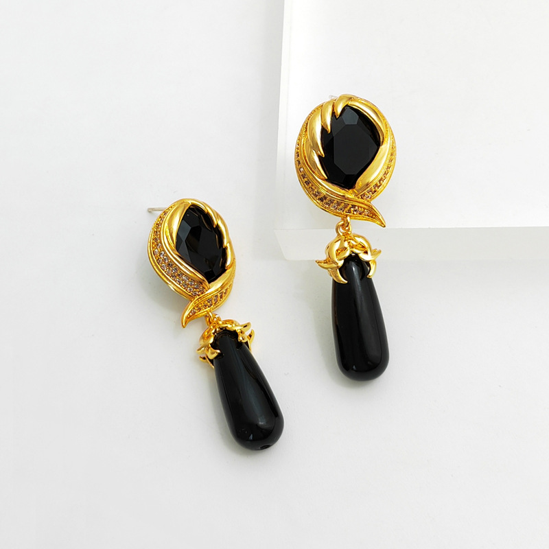 Retro Geometric Copper Inlay Resin Glass Zircon Drop Earrings 1 Pair