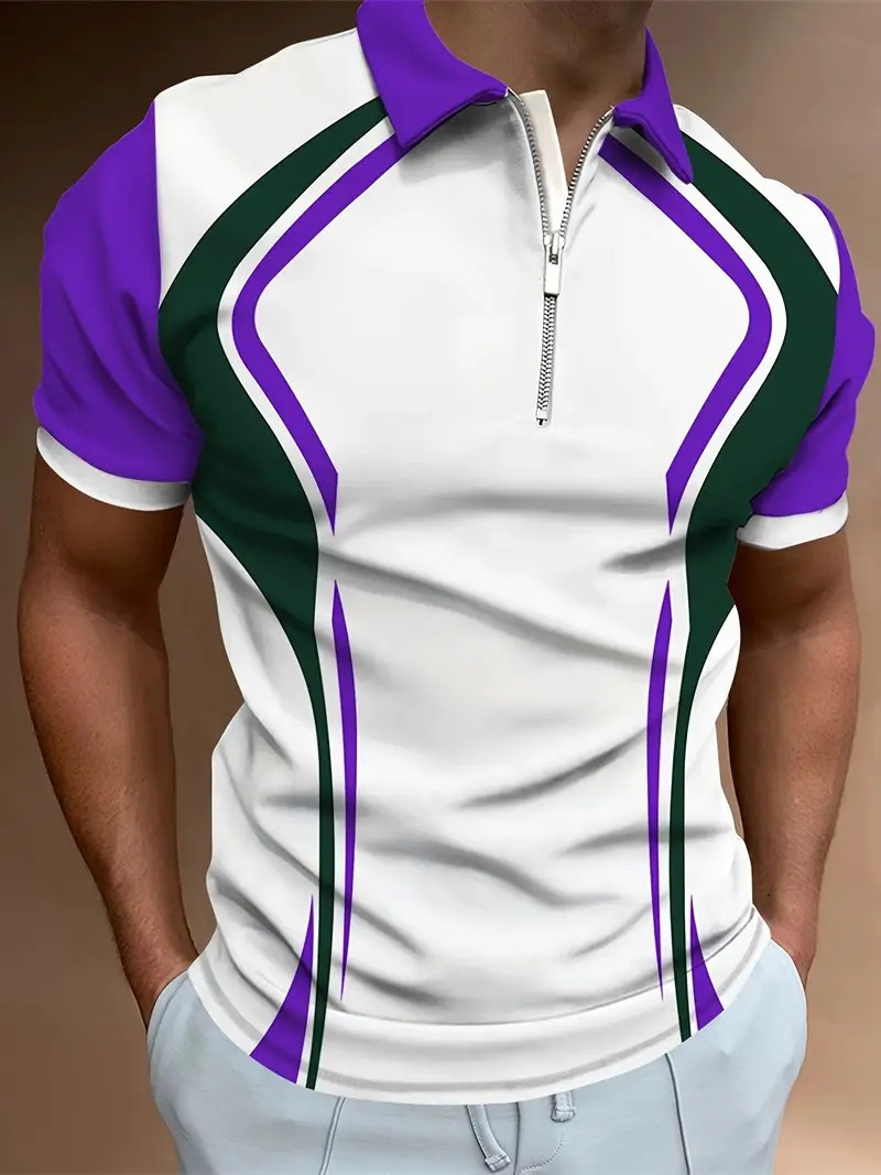 Camisa POLO con cremallera de manga corta con estampado digital 3D para hombre de verano transfronterizo de estilo deportivo y casual patrón geométrico MB13