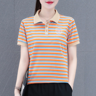 Pure Cotton Stretch Fashion Classic Striped Short-Sleeve Polo Shirt for Women, Summer Thin Loose Fit, Slimming and Elegant