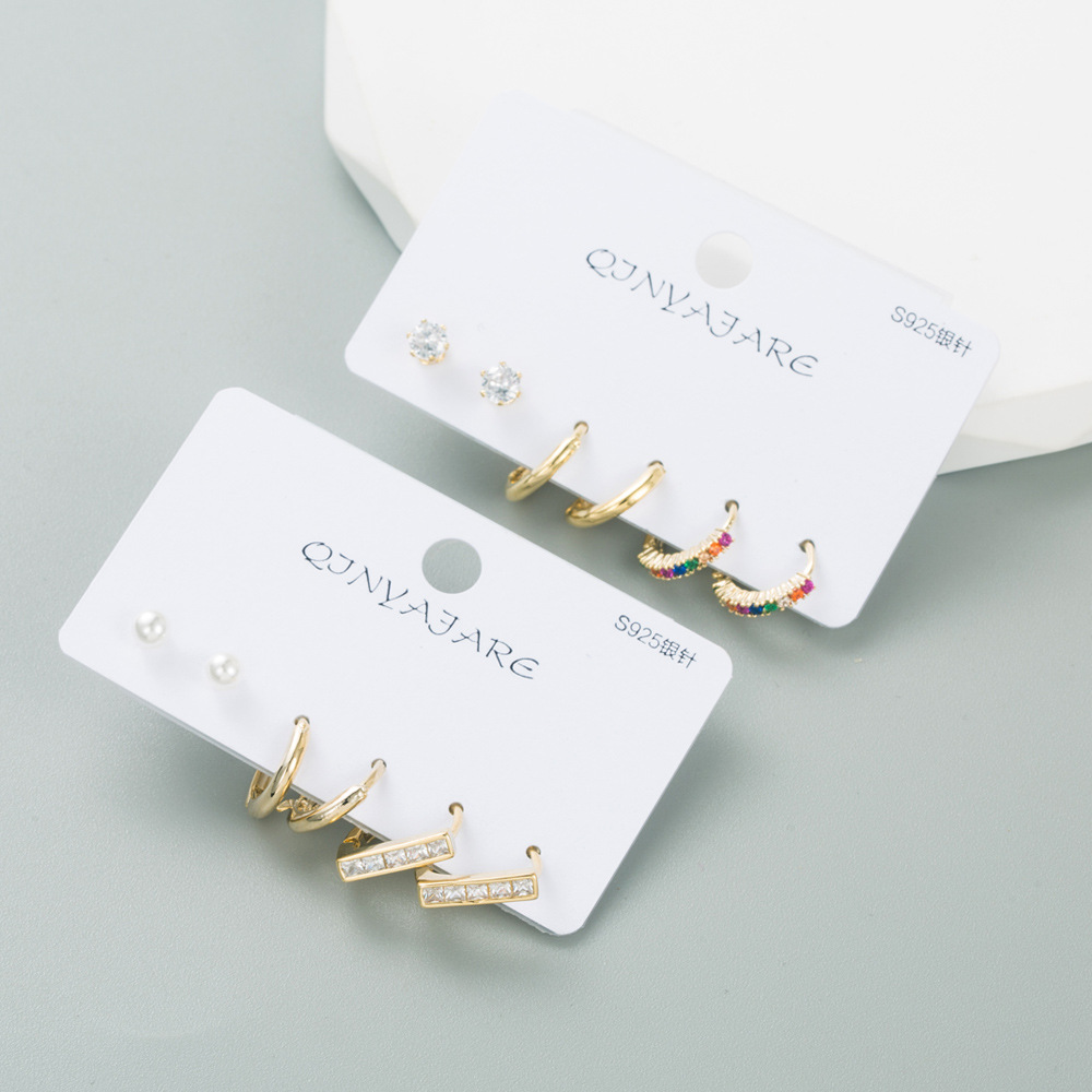 Fashion C Shape Copper Earrings Plating Inlay Zircon Copper Earrings 3 Pairs