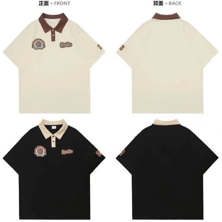 Японское ретро polo, с вышивкой, с коротким руковом, oversize