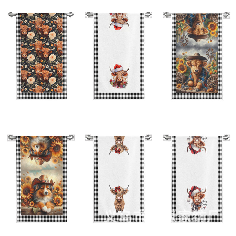 Cross-border generation can be labeled plaid Christmas kitchen dishwashing towel farmhouse cow pattern dining table decoration towel wholesale