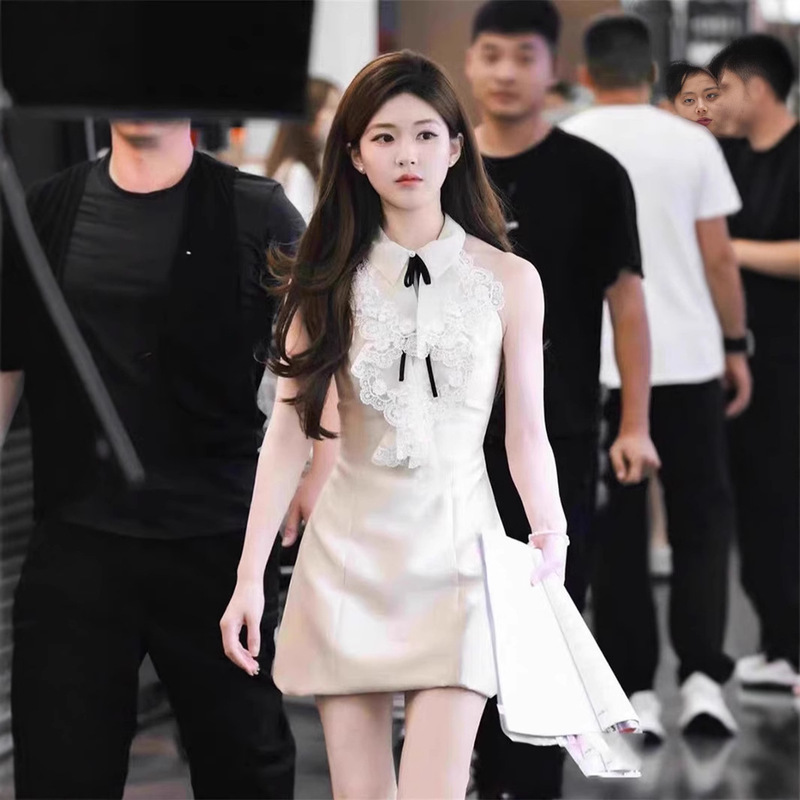 Zhao Lusi Star's Same Style Ladylike Commuter Shirt Lapel Sleeveless Lace Decoration Slim Dress Short Skirt Summer Zhao Lusi Star's Same Style Ladylike Commuter Shirt Lapel Sleeveless Lace Decoration Slim Dress Short Skirt Summer