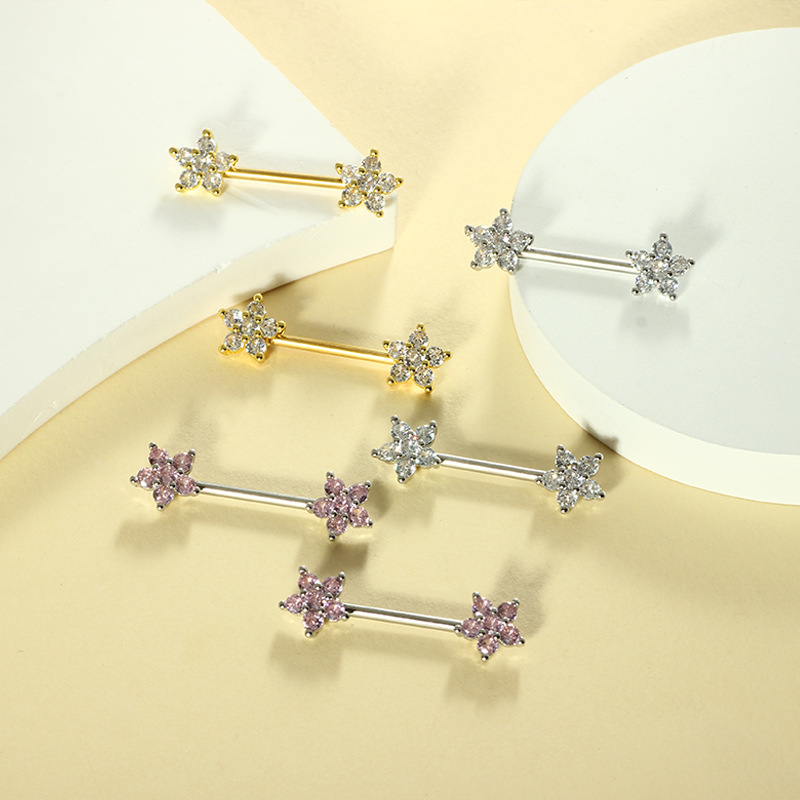 14G Micro-Inlaid Zircon Peach Heart Nipple Ring Stainless Steel Flower Nipple Piercing Jewelry for Women Sold in Pairs detail image 7