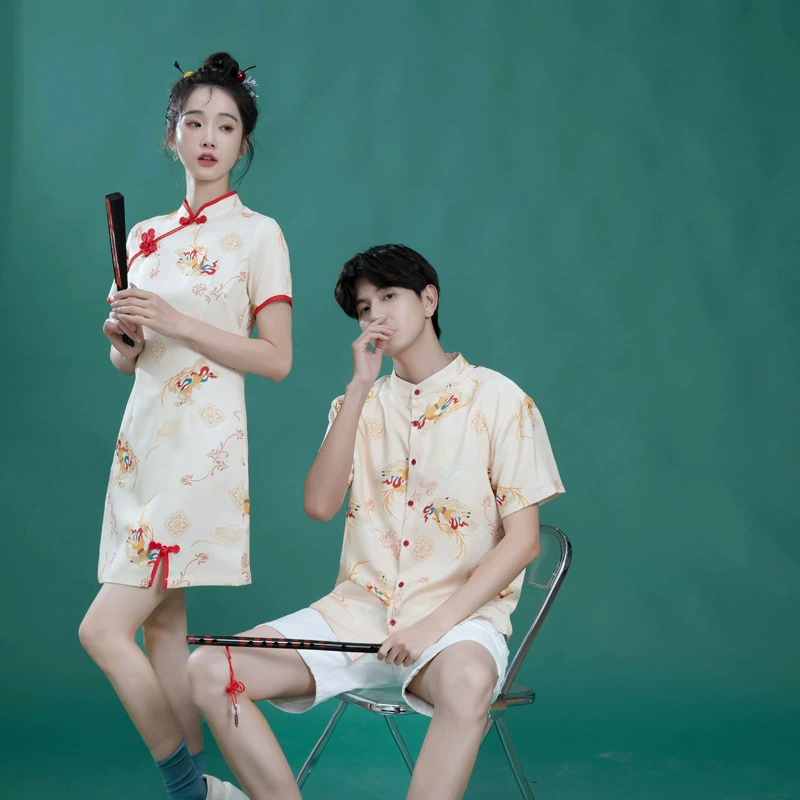 Китайский стиль пара платья плюс размер cheongsam с открытым дизайном простой стейк рубашка с воротником дизайн нерегулярный принт
