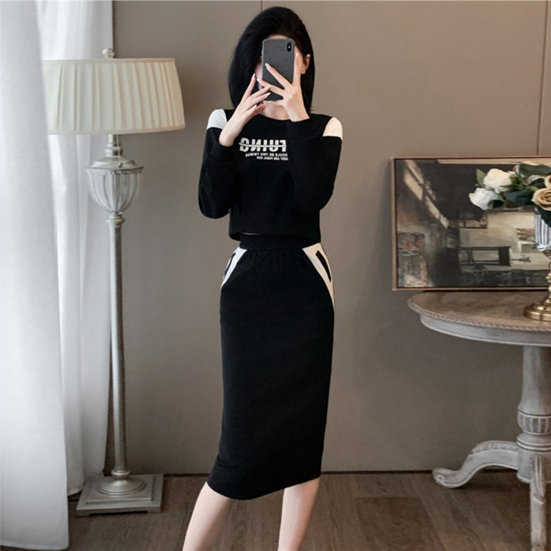 Fashion Casual Sports Dress Women's 2024 Spring and Autumn New Fashionable Western Style Black Slimming Skirt Two-piece Set