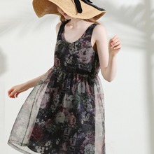 夏季新款真丝欧根纱连衣裙女U领大气桑蚕丝无袖仙女裙89906