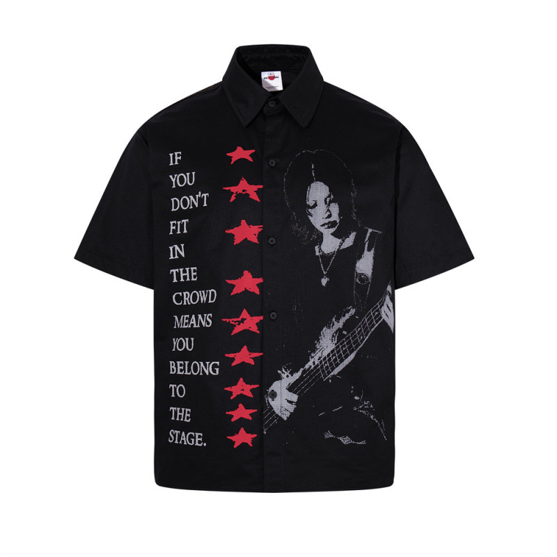 Rap Rock Guitar Character Star Print Short-Sleeved Shirt Hip-Hop Trendy Summer Men's Shirt Loose Casual Rap Rock Guitar Character Star Print Short-Sleeved Shirt Hip-Hop Trendy Summer Men's Shirt Loose Casual