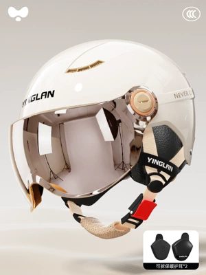 Yinglan Helmet Electric Vehicle Women's: Motosiklet kaskı (dəbilqə) - 3c-ceramic-white-electroplated-short-mirror-detachable-ear-protection-one-size-fits-all