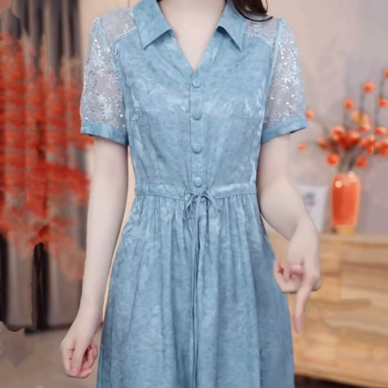 Элегантное платье в западном стиле 2025 года, новый летний фасон, утягивающее талию, скрывающее фигуру, омолаживающее, модная юбка средней длины