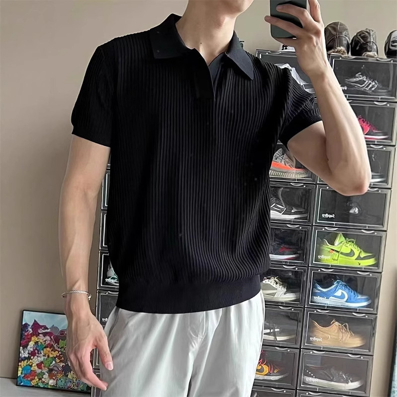 オールドマネースタイルカモメ襟ポロシャツ半袖メンズ夏ハイエンドカフスTシャツアイスシルクニットセーター半袖|undefined
